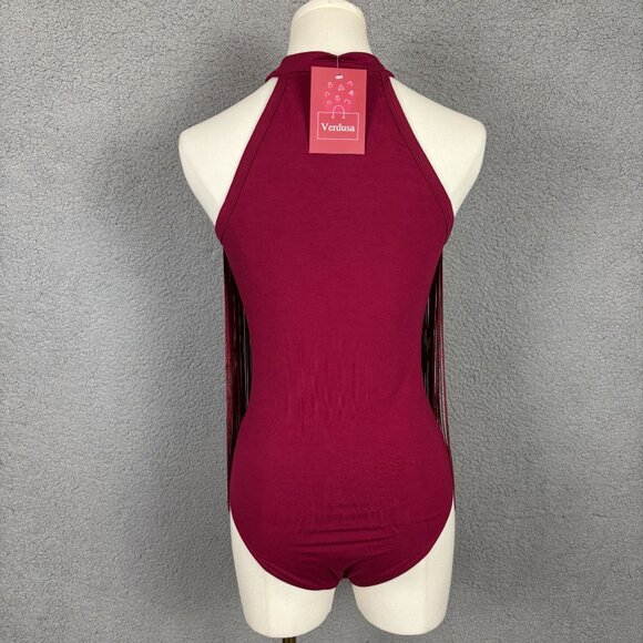 Verdusa Sleeveless Burgundy Fringe Bodysuit Halter Neck Size Small NWT's - Picture 5 of 8
